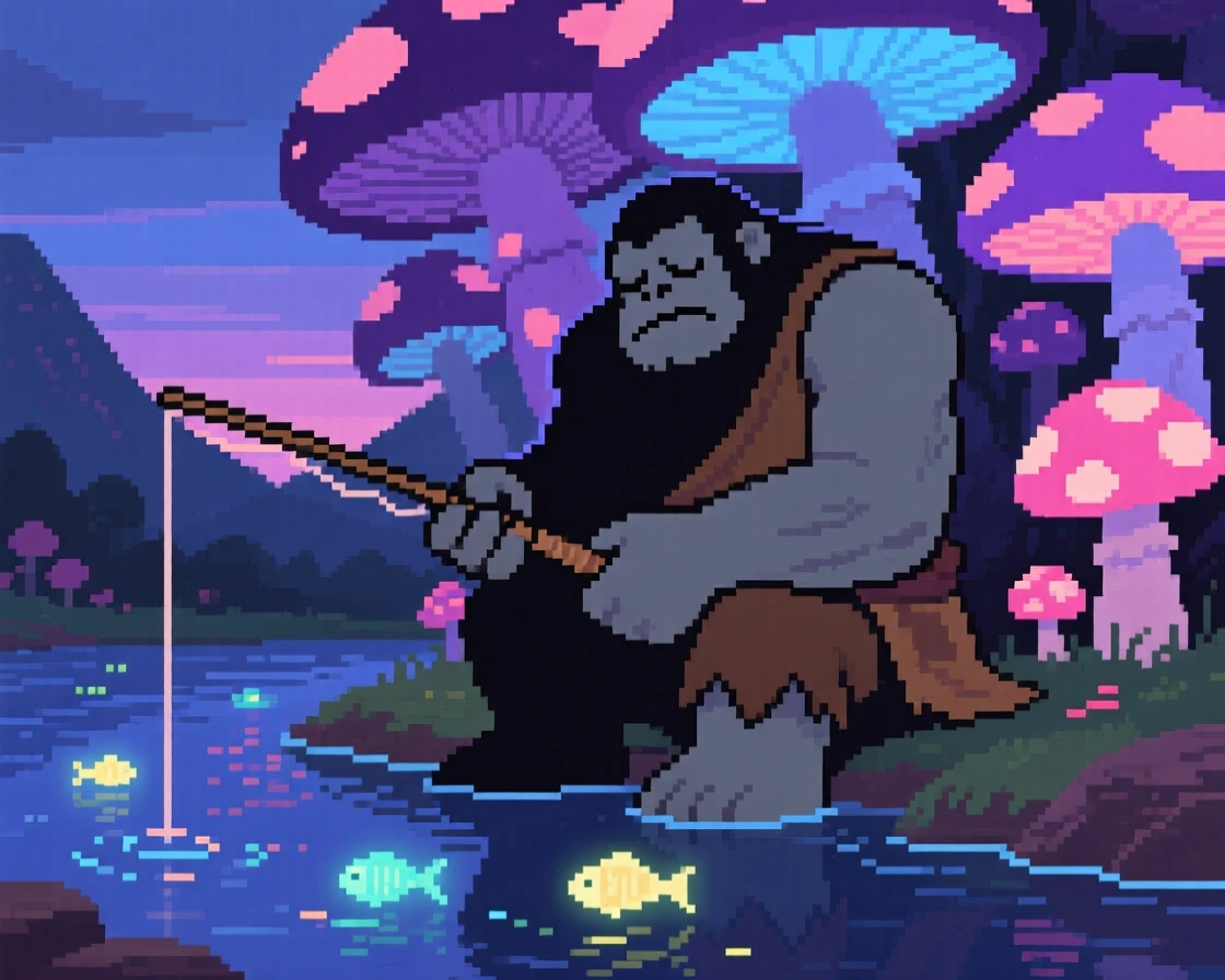 A sleepy mountain giant fishing for glowing river fish at twilight, beneath a canopy of glowing mushrooms.