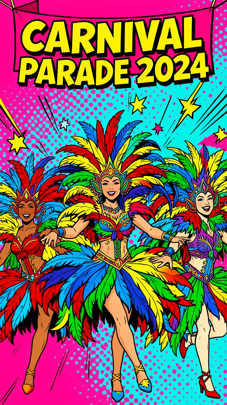 A carnival parade with dancers in feathered costumes