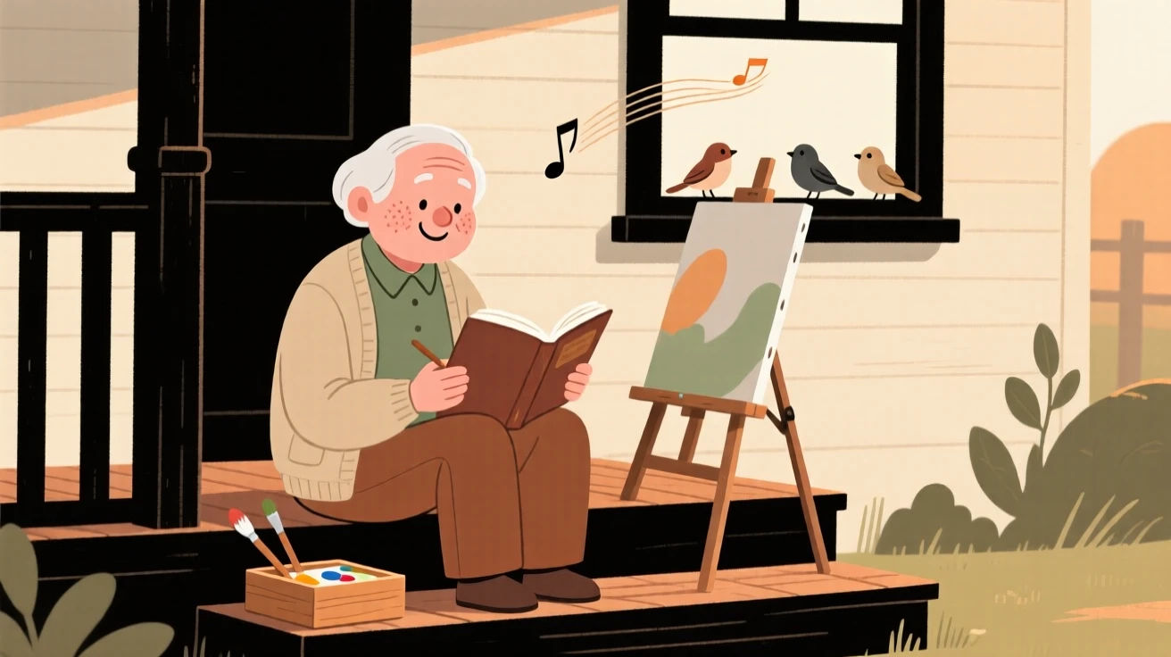 A elderly painter sits on the porch steps practicing a favorite novel, fully absorbed as birdsong drifts through the open window.