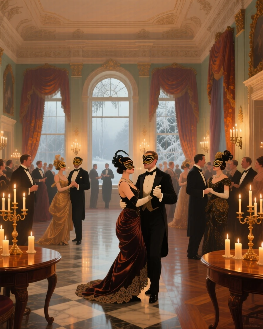 A panoramic view of a masquerade ball in a candlelit grand hall, during the first frost of autumn, in the 1920s.