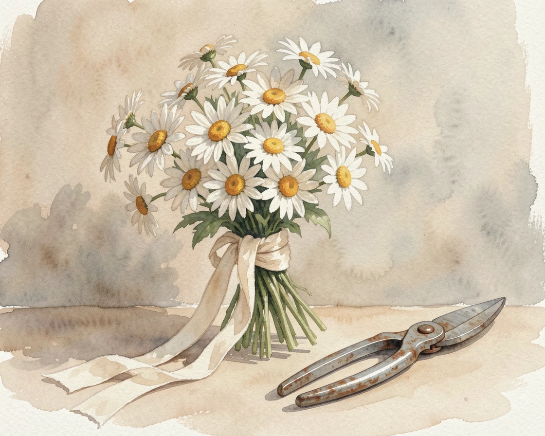 A bouquet of daisies tied with ribbon against a soft neutral backdrop with a pair of garden shears nearby.