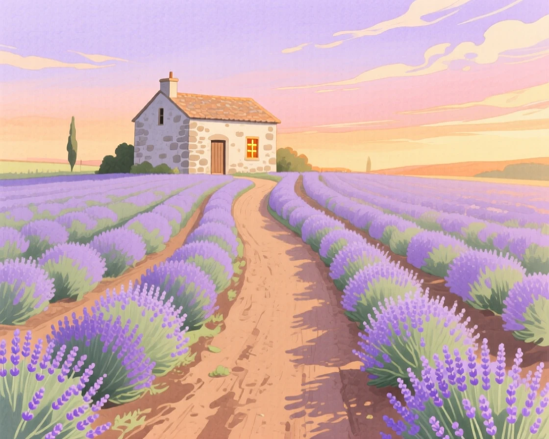 A winding dirt path cuts through a field of blooming lavender rows leading toward a distant stone farmhouse at sunset