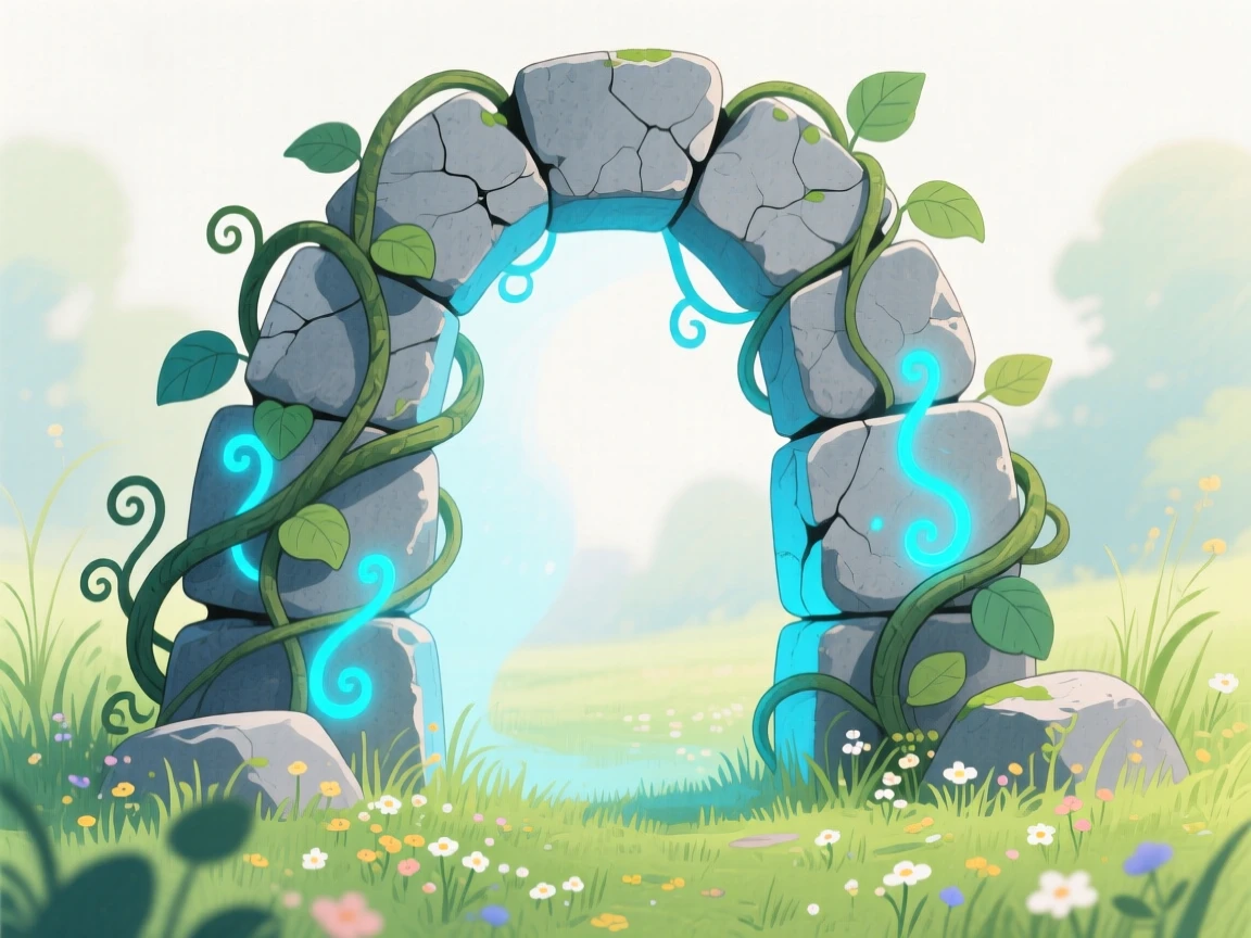 An ancient stone archway covered in glowing vines, mysterious and inviting.