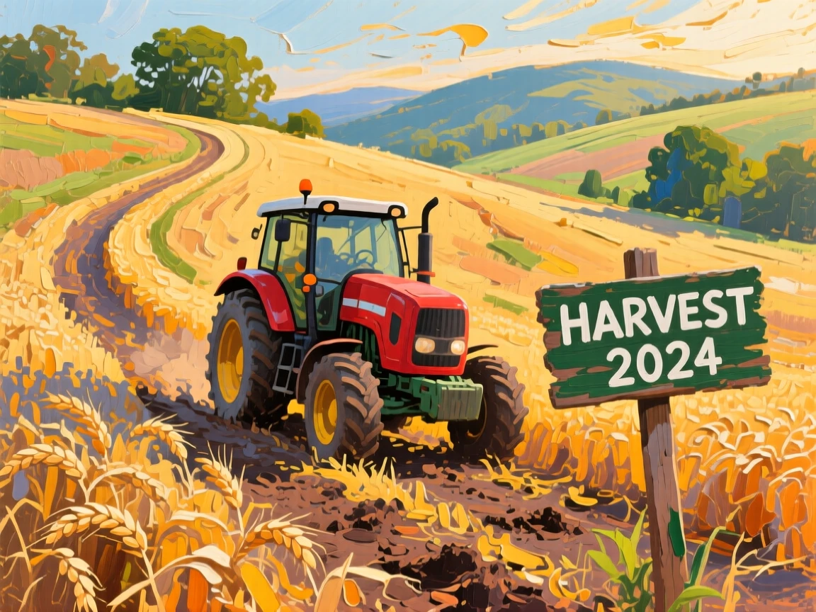 a tractor following curved rows on a hillside, during harvest season, composed along a natural leading line.