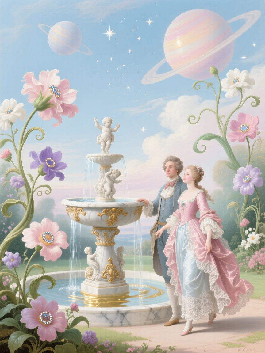 A celestial garden where planets bloom like flowers around a marble fountain  