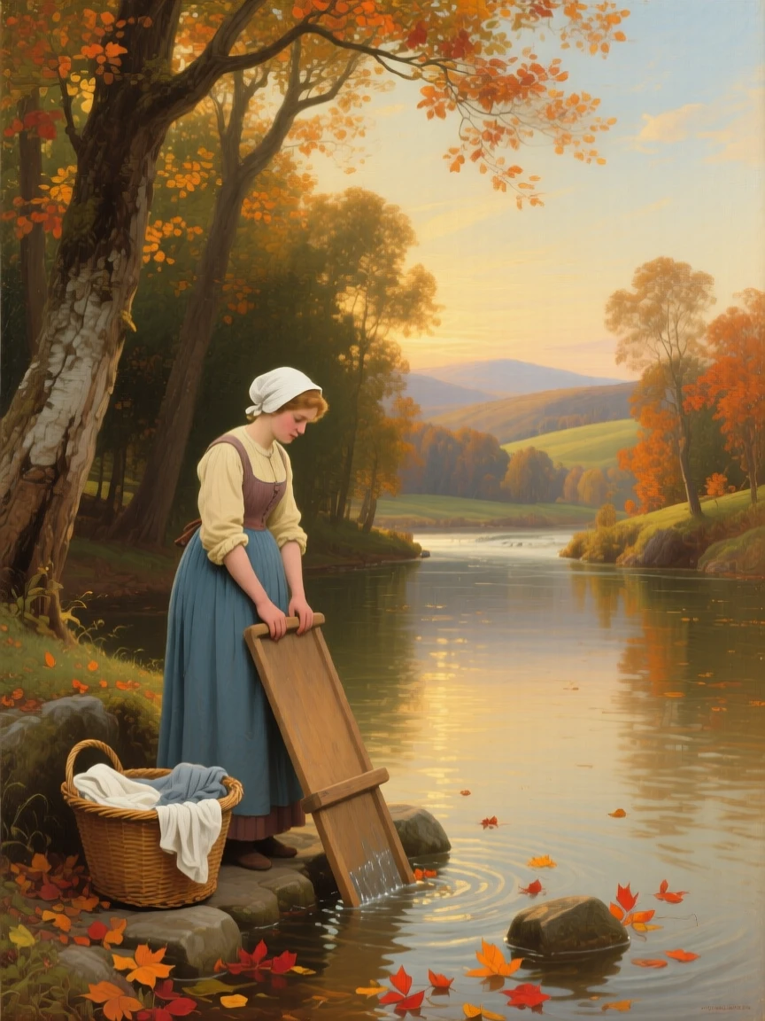 A washerwoman watches the current of a quiet river bend shaded by trees as autumn leaves drift downstream.