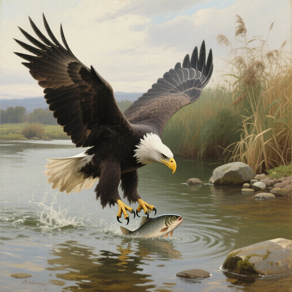 A bald eagle diving toward a river to snatch a fish from the water, its posture radiating quiet strength and dignity, highlighting the quiet majesty found in the natural world