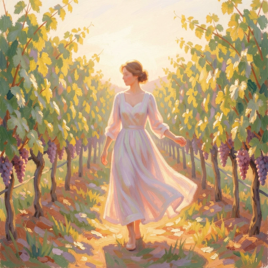 A woman in a flowing dress walking through a sunlit vineyard at golden hour.
