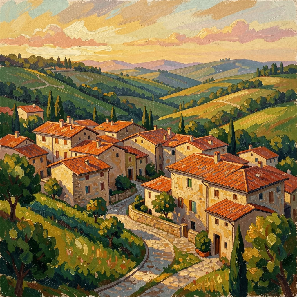A hillside village in Tuscany at golden hour, terracotta rooftops glowing warm against green hills.