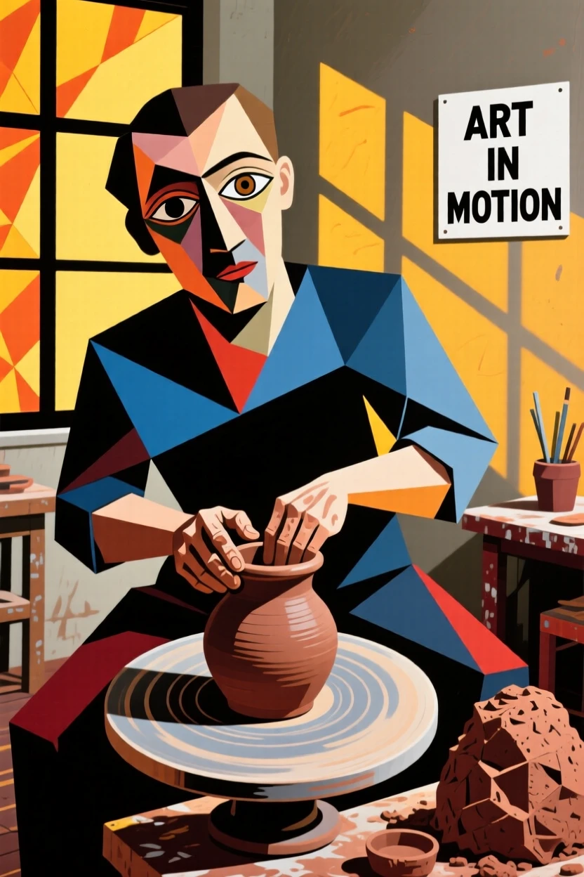 A potter shaping clay on a spinning wheel in a sunlit studio.