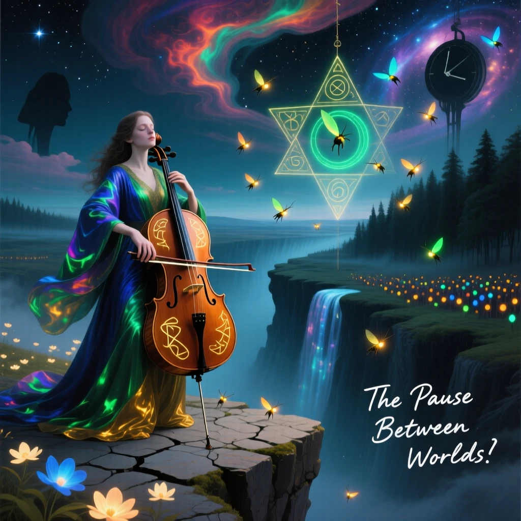 A cellist performing for an audience of softly glowing fireflies pauses thoughtfully at the edge of an unfamiliar world, as everything around them holds still in quiet reverence.