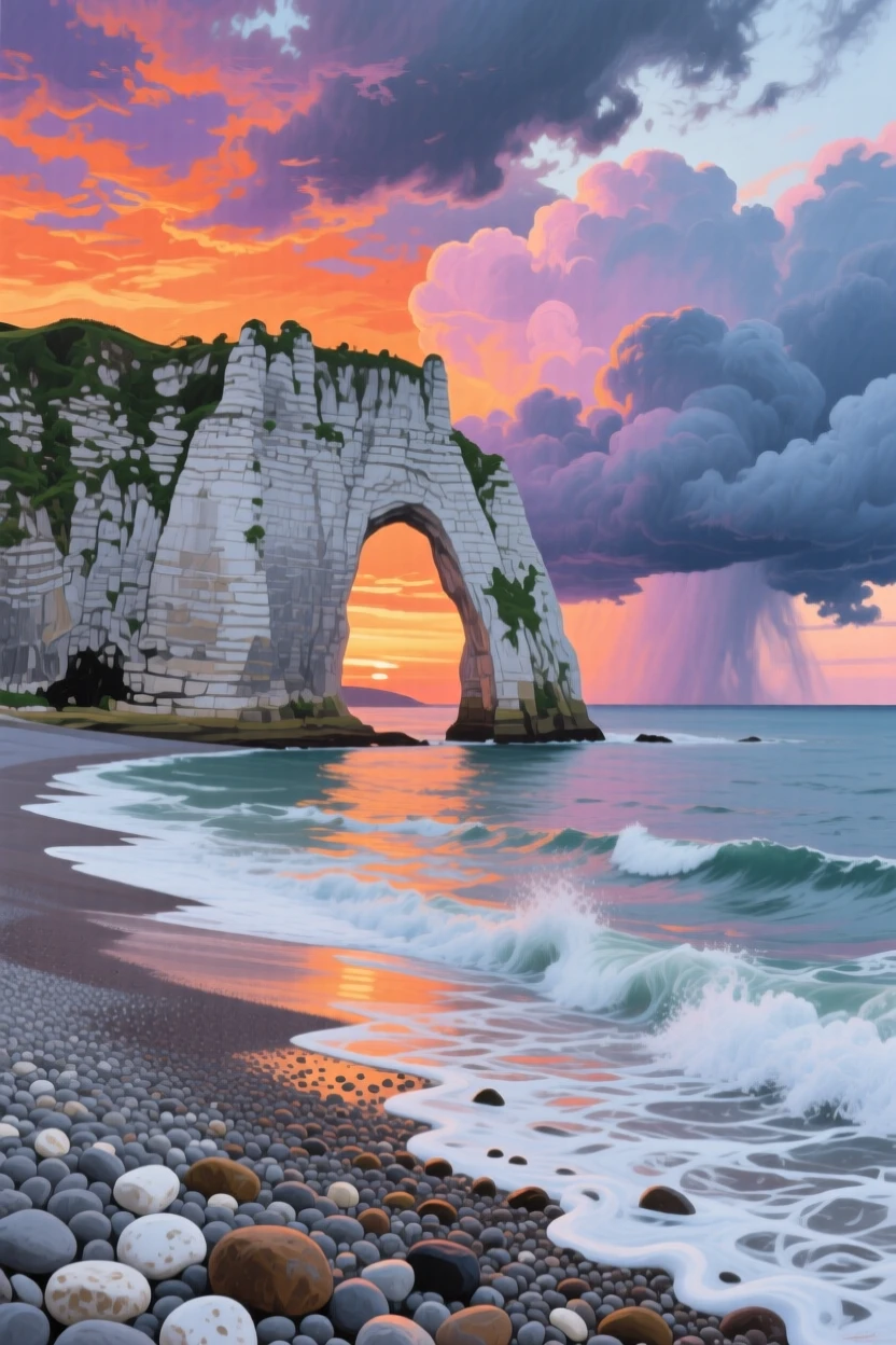 A dramatic coastal cliff in Étretat, France shows a natural stone arch framing the sunset, waves crashing gently on the pebbled beach below, distant weather visible on the horizon hinting at conditions that will arrive within the hour.