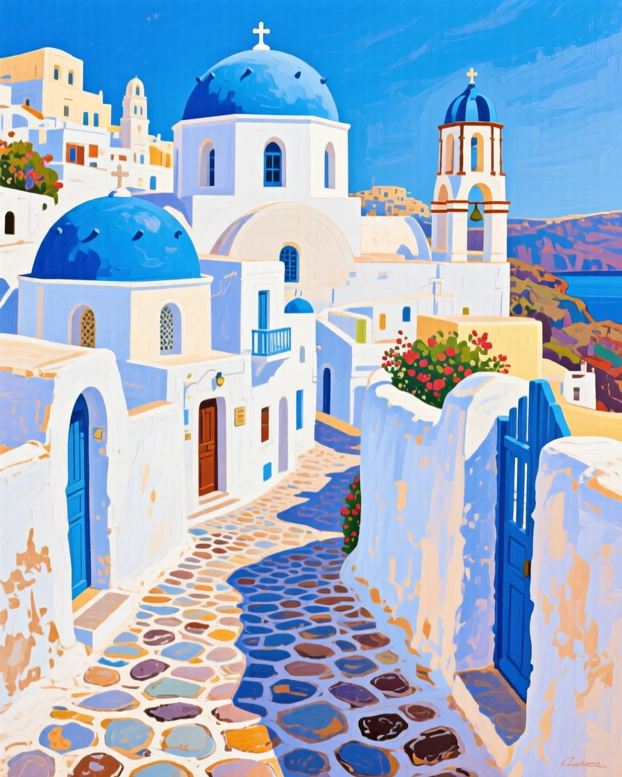 A narrow cobblestone alley in Santorini lined with whitewashed buildings and blue-domed rooftops