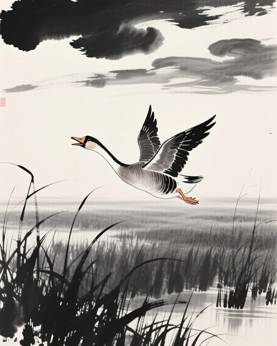 A single goose calls out as it flies low over a reed marsh, beneath a sky filled with drifting clouds.