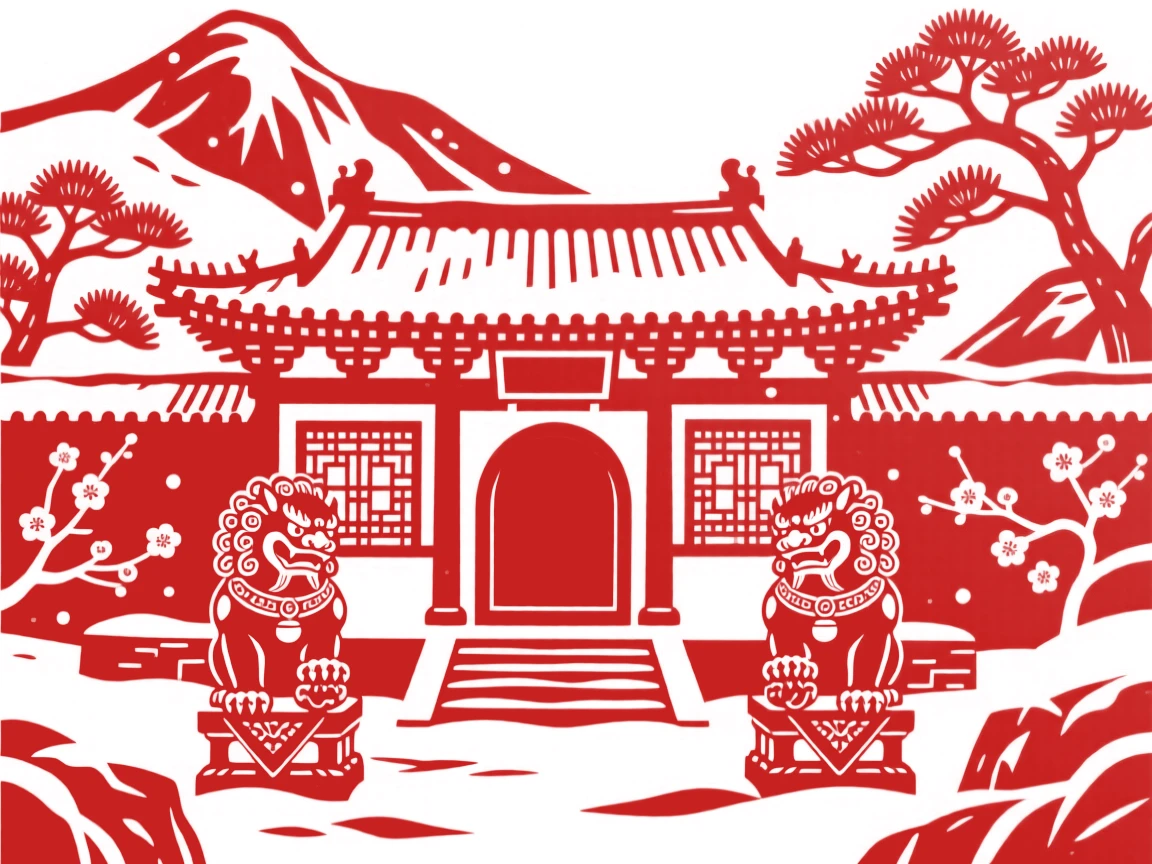 A mountain monastery, under a blanket of fresh winter snow, stone lions standing watch at its entrance.