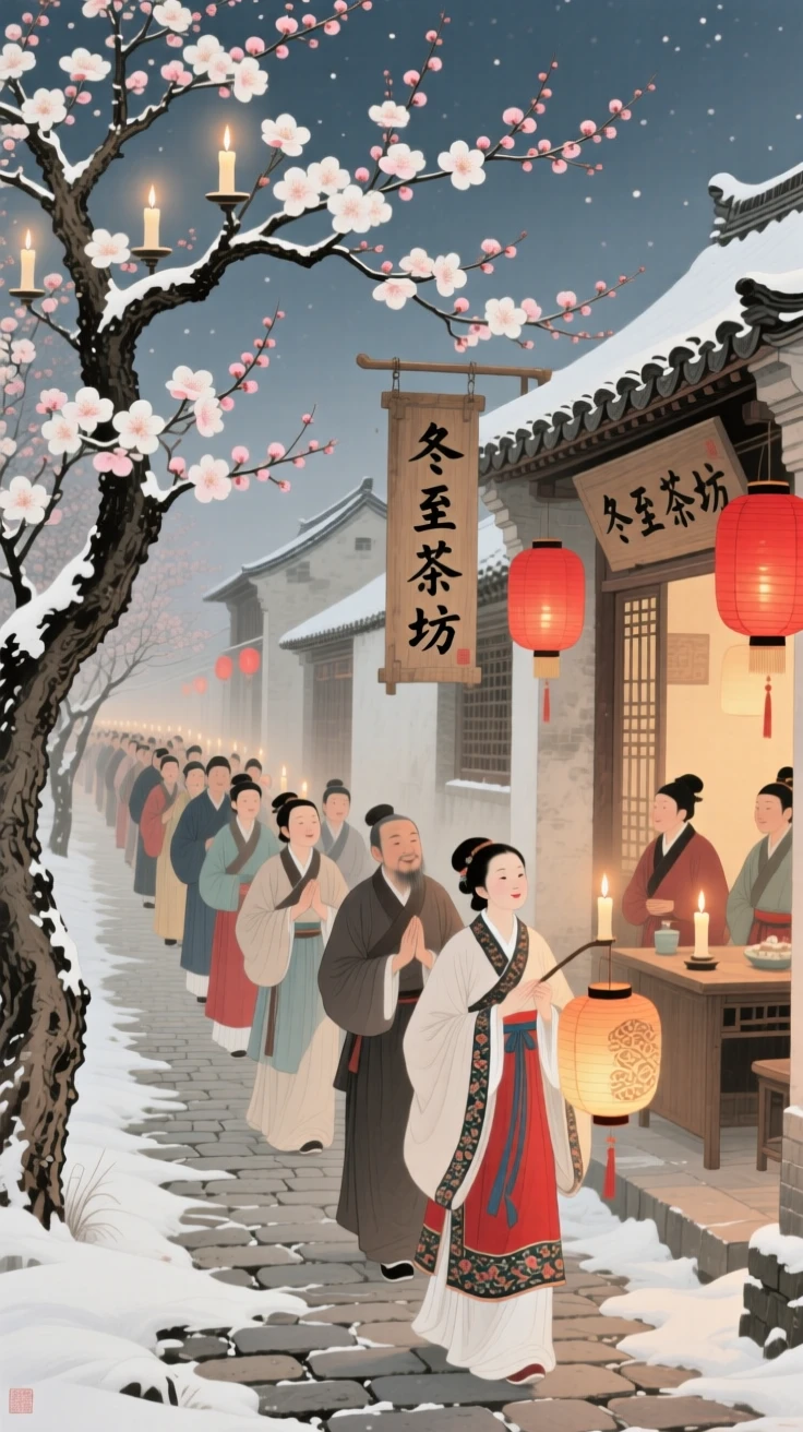A candlelit procession through a village during a winter solstice festival, framed by blossoming trees along the street