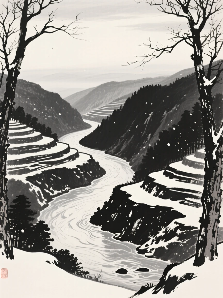 A winding river cutting through a deep, terraced valley under a pale winter sky heavy with unfallen snow, framed through a gap in the trees, revealing the valley beyond, carrying a feeling of timeless peace and stillness.