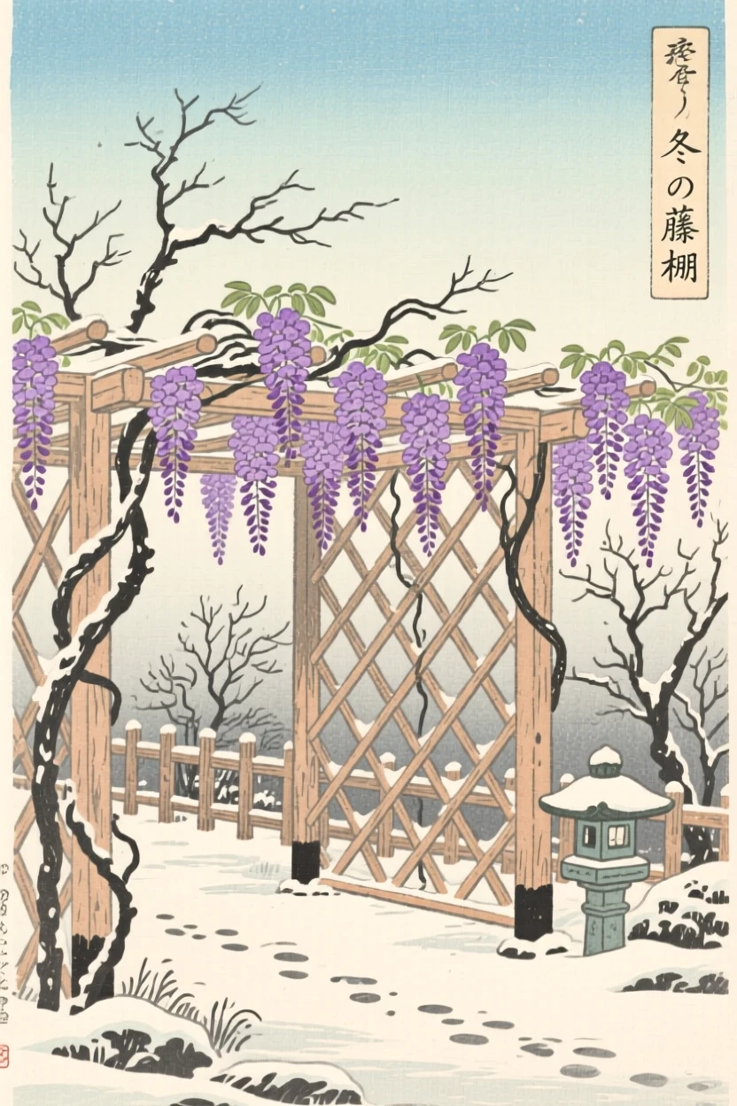 A wisteria-covered garden trellis, reflecting a pale winter sky.