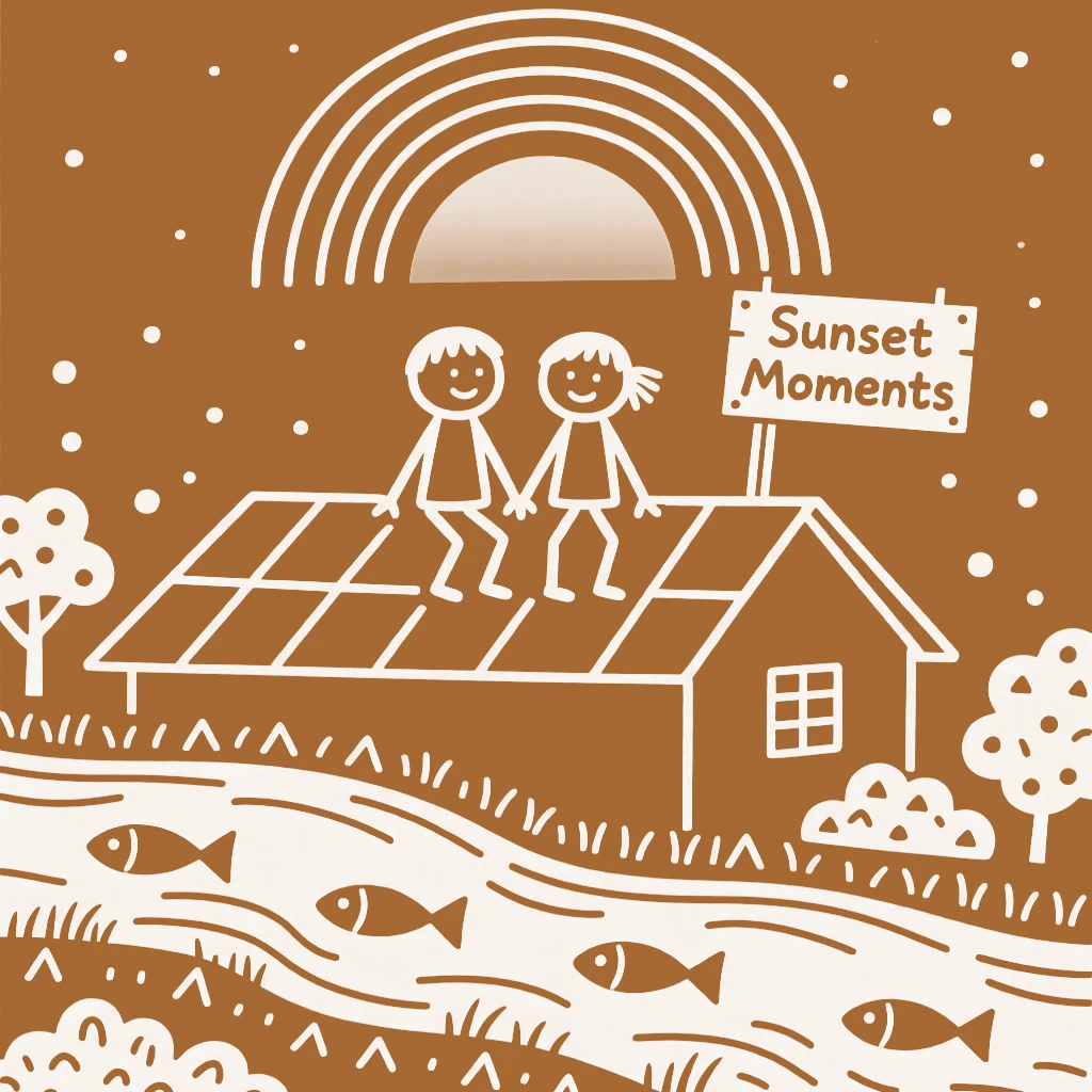 Two childhood friends watching the sunset from a rooftop together beside a river at dusk.