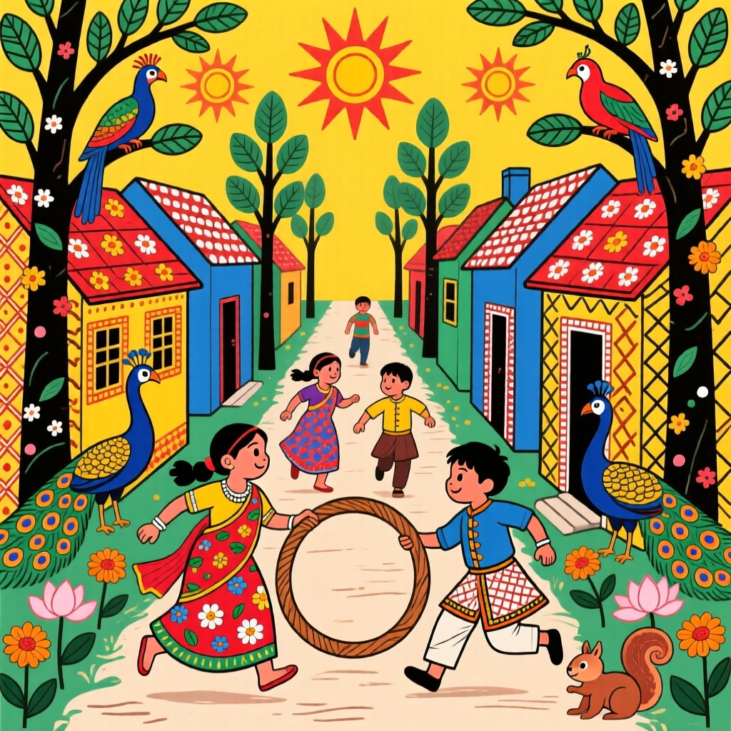 Children chasing a wooden hoop down a narrow village lane.