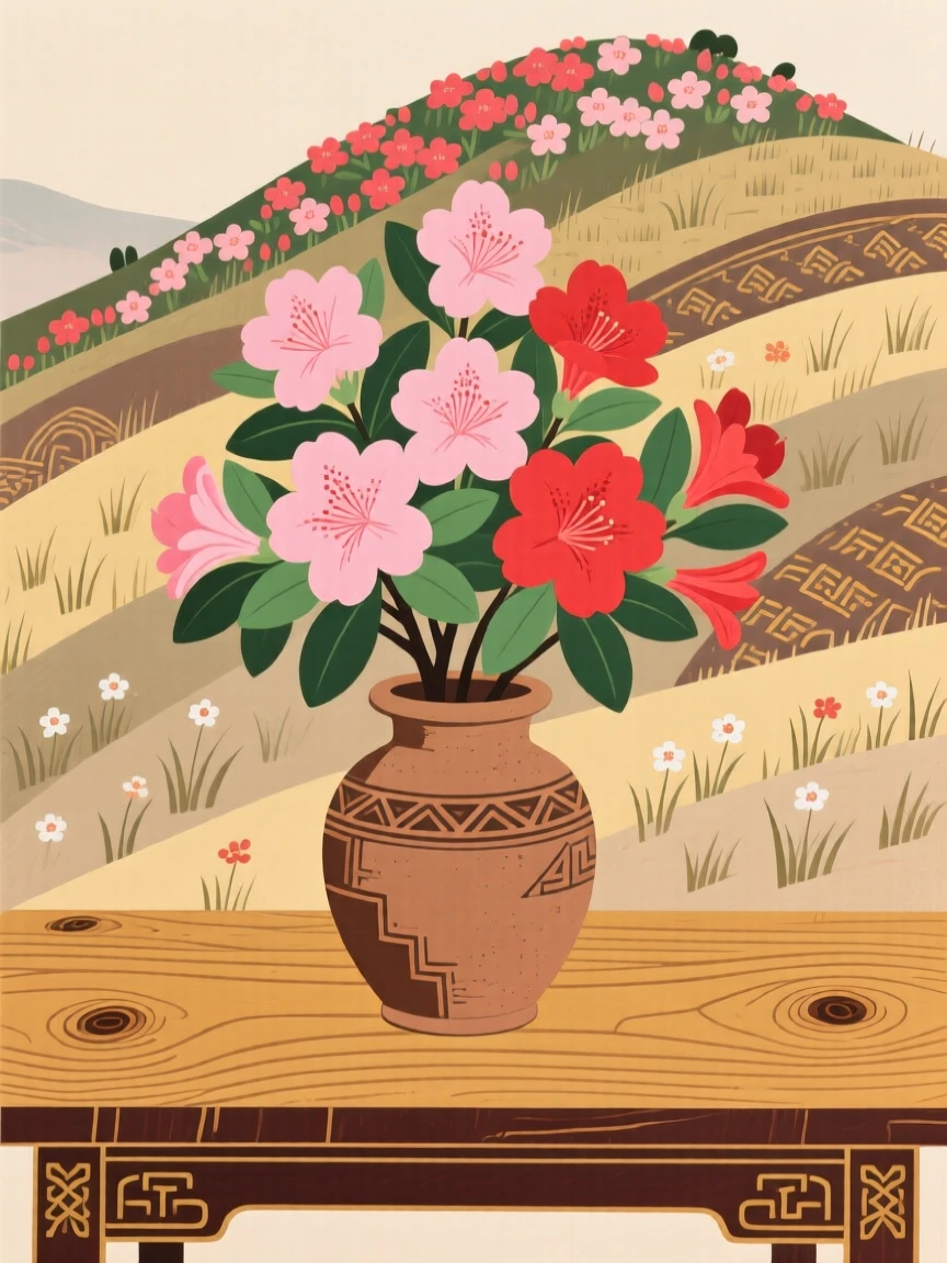 A still arrangement of azaleas covering a hillside in a rustic clay vase on a wooden table.