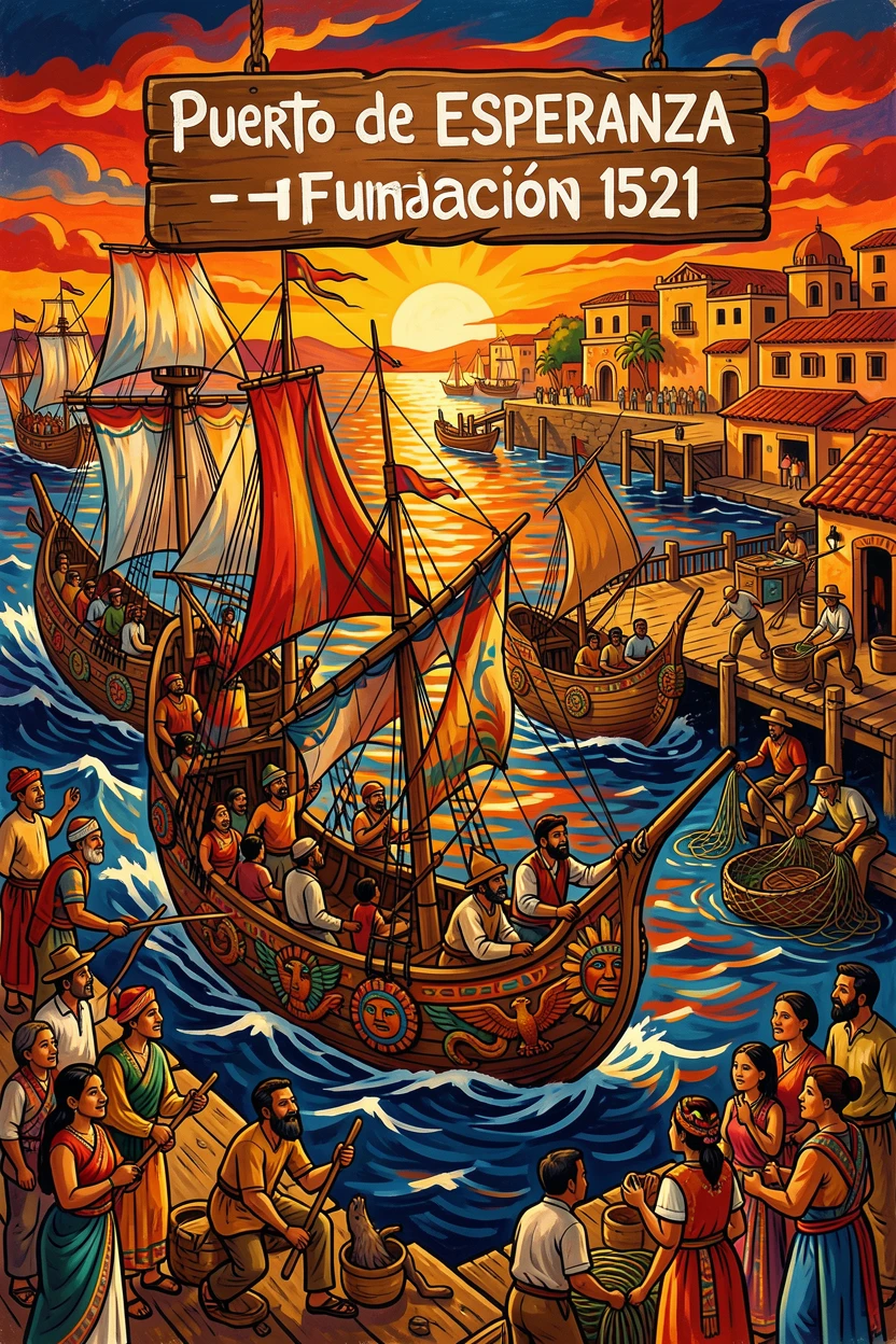 A fleet of ancient sailing ships departing a harbor at sunrise