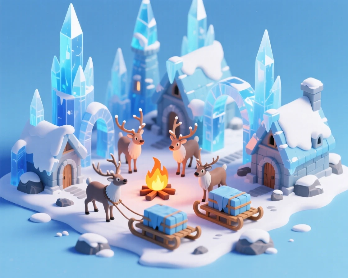 A frost giant's village built from towering icicles, with a bonfire in the town center and reindeer pulling supply sledges through the snow.