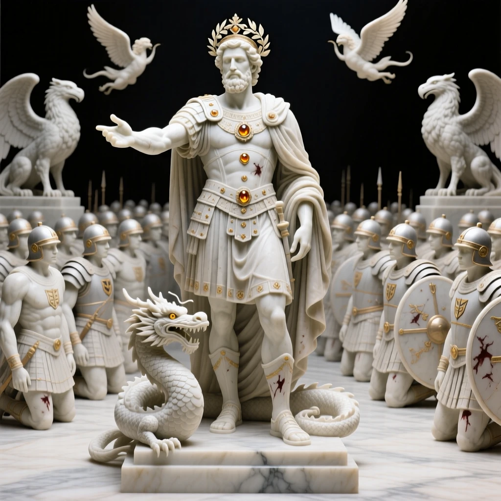 An emperor addressing his kneeling legion, with mythical creatures gathered nearby, radiating power and legend