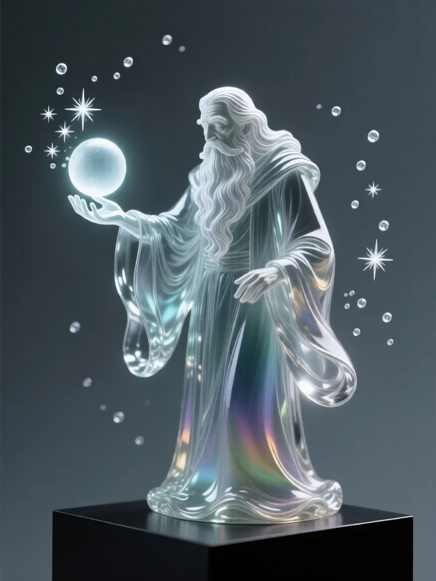 A wise old wizard casting a glowing spell, bathed in soft magical light with drifting sparkles in the air, epic and awe-inspiring composition, evoking wonder and adventure.
