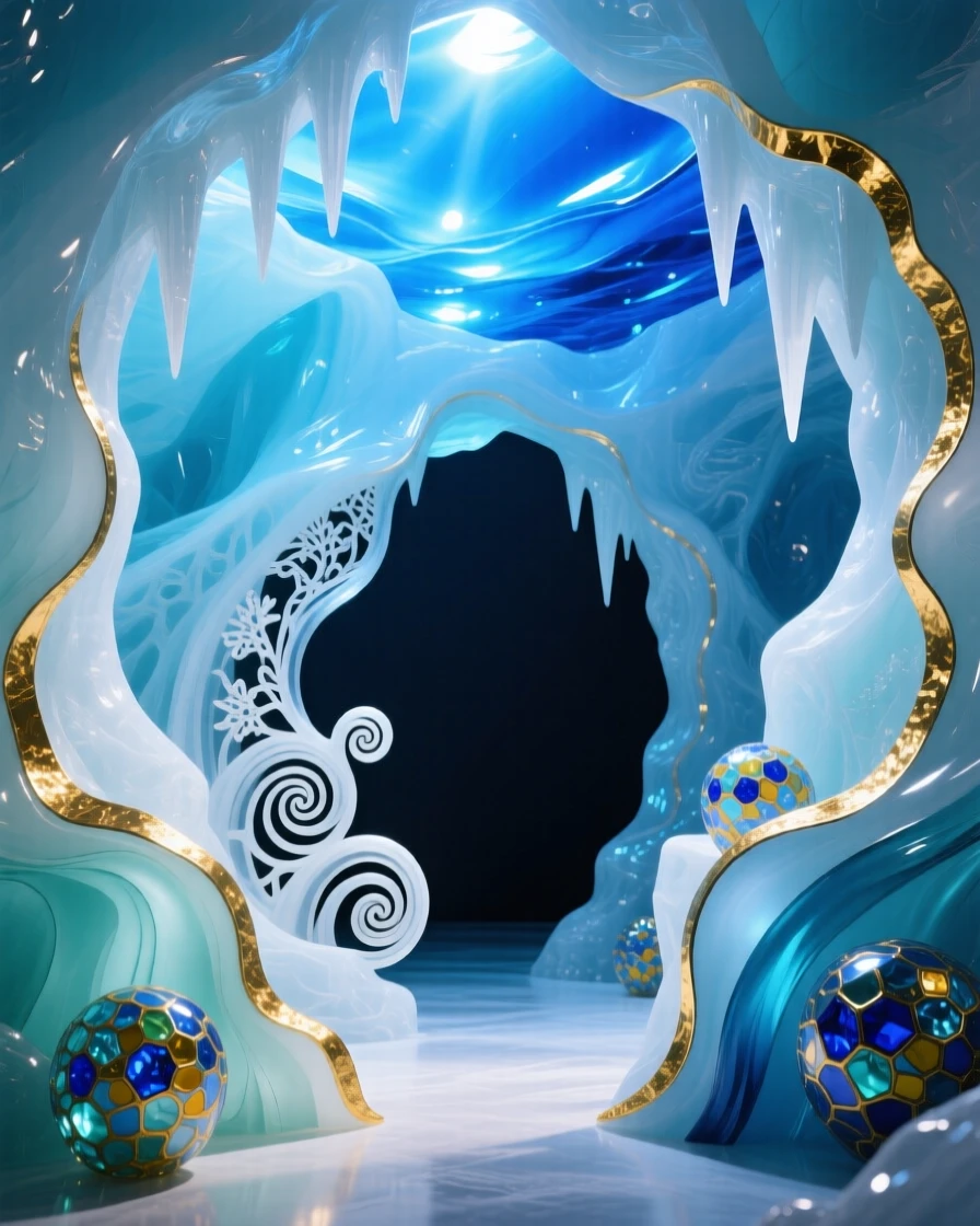 A glacial ice cave glowing blue from filtered sunlight above, ethereal and rare.