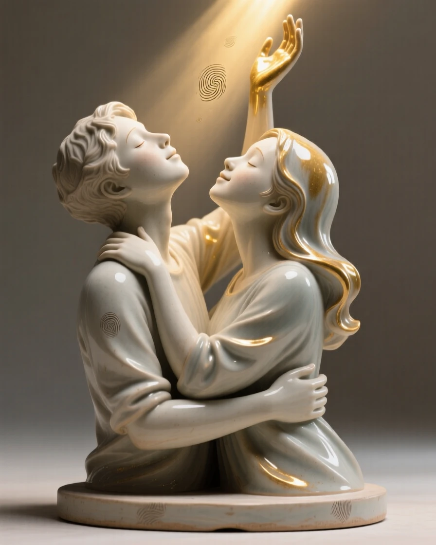 A young couple sharing a tender embrace reaching upward as if toward the light, illuminated by a warm, golden glow, radiating grace, strength, and inner peace.