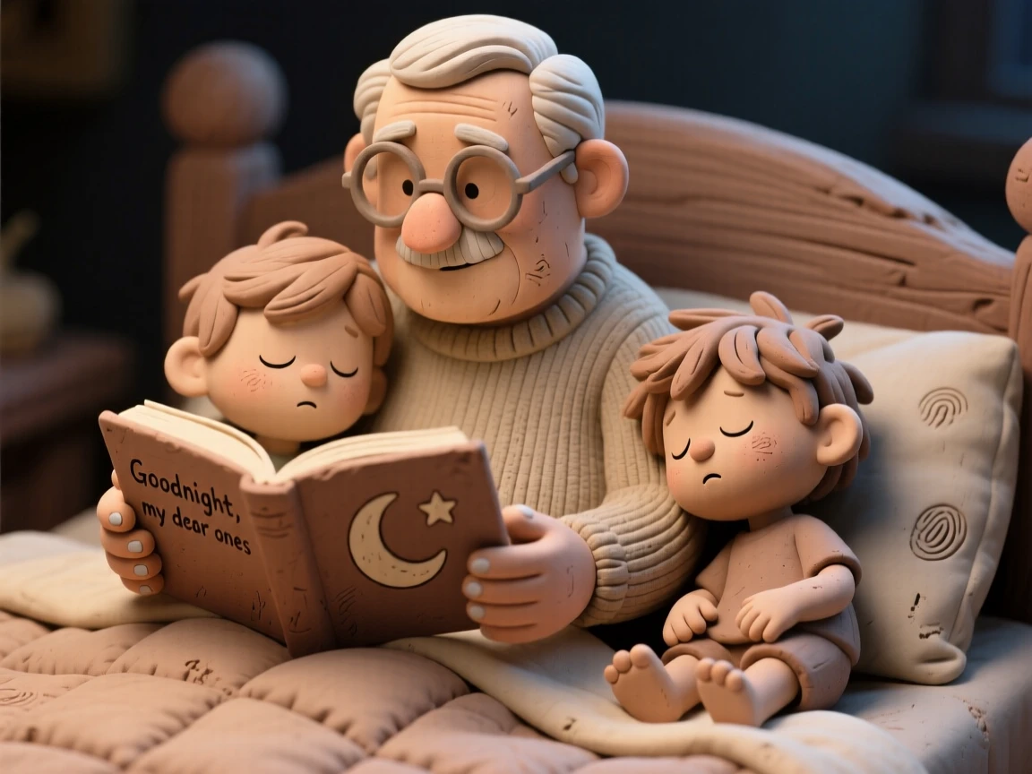 A grandfather reading a bedtime story to two sleepy children