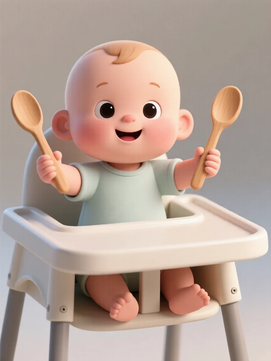 A baby boy babbles happily while banging two wooden spoons together on a highchair tray.