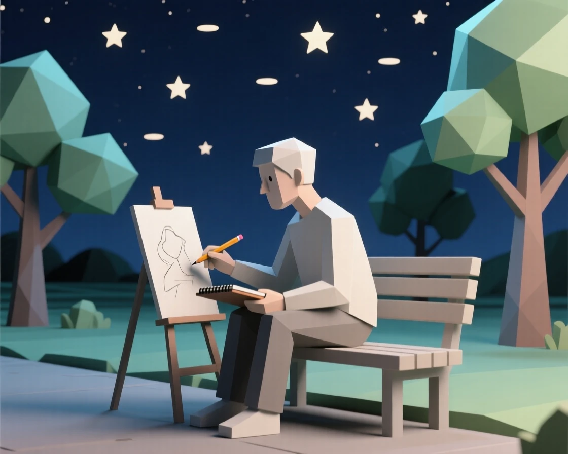 An artist sketching quietly in a park, beneath a sky full of stars. the composition captures genuine, candid emotion. The moment feels full of hope and possibility.