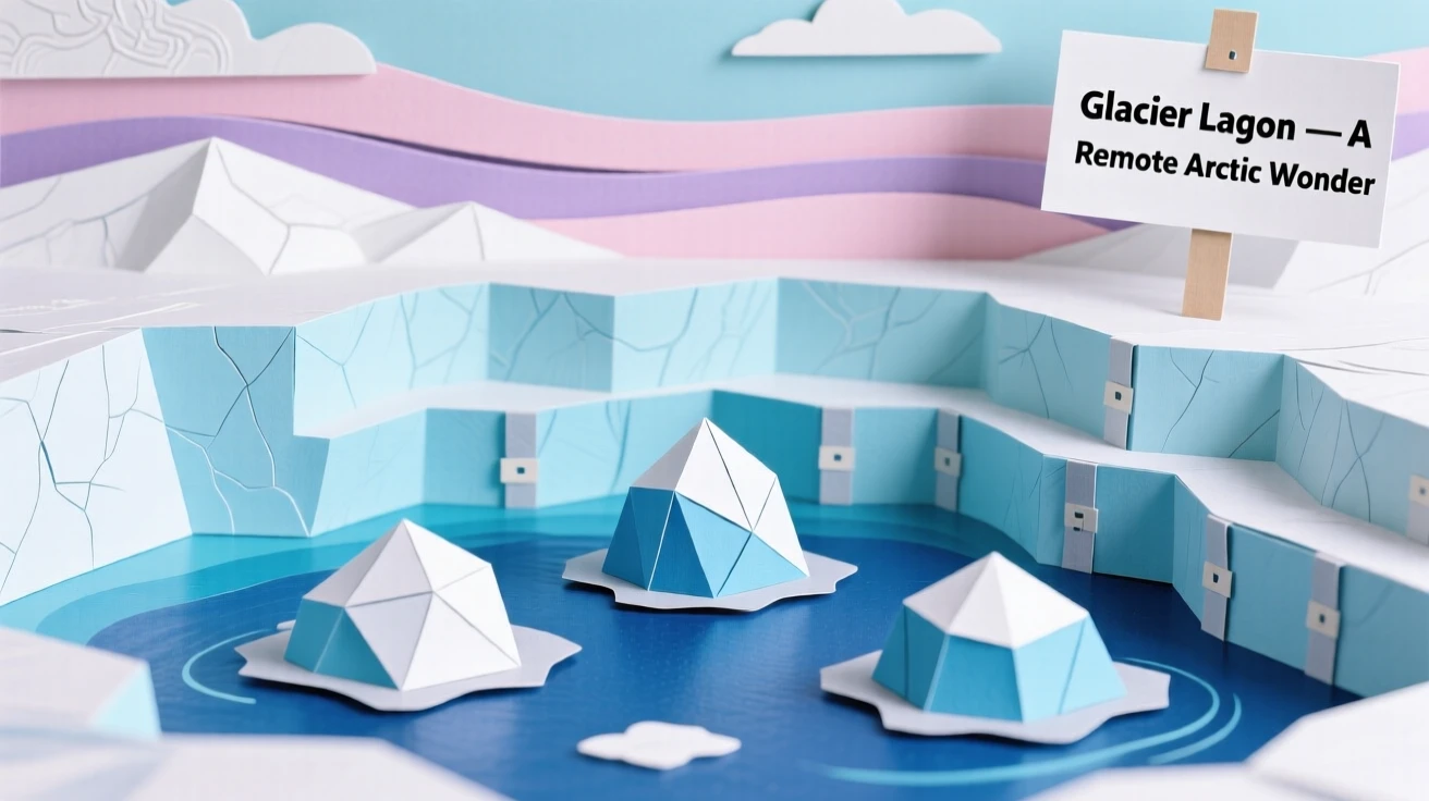 A dramatic glacier lagoon filled with floating blue icebergs under a pastel arctic sky, evoking remote natural wonder.