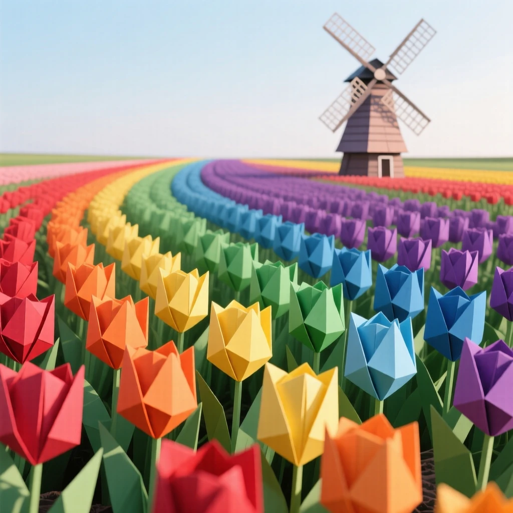 A field of tulips arranged in vivid rainbow rows stretching toward a windmill on the horizon.