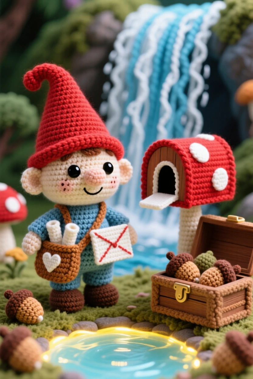 In a magical waterfall cascading into a glowing pool, a tiny gnome mailman with a satchel of tiny letters is captured delivering mail to a mushroom mailbox, surrounded by a small wooden chest overflowing with acorns, filled with playful whimsy and lighthearted charm.