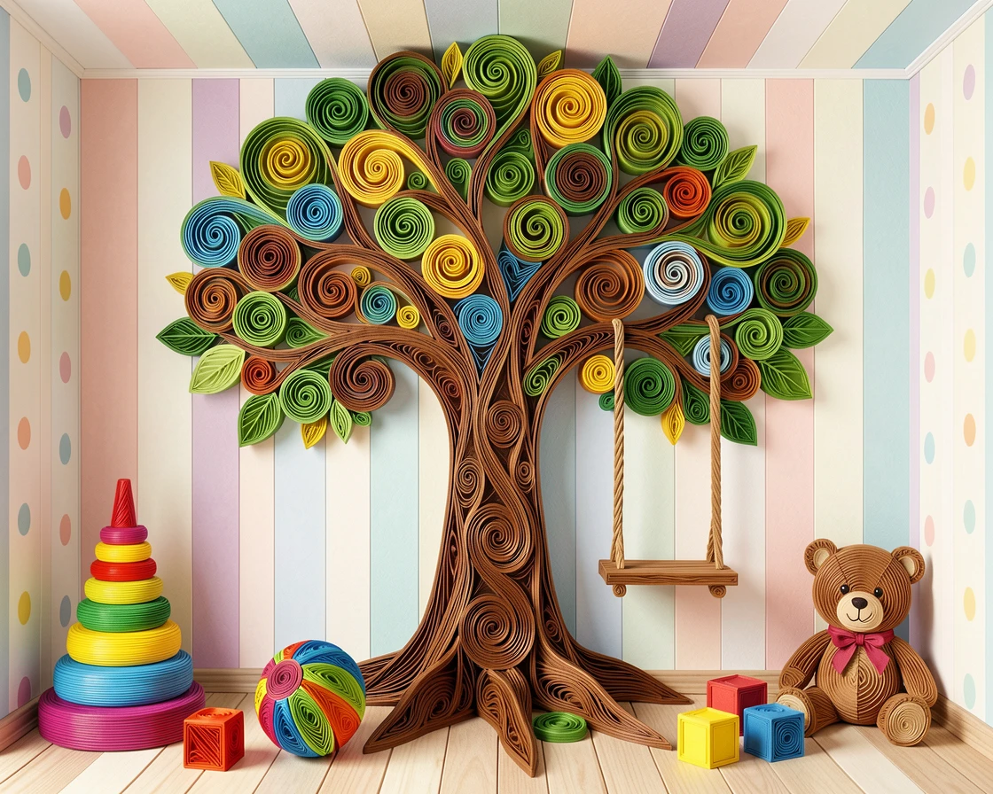 A whimsical children's scene of a garden swing hanging from a big friendly tree in a colorful playroom filled with toys, in a cheerful rainbow palette, arranged with bright cheerful symmetry.