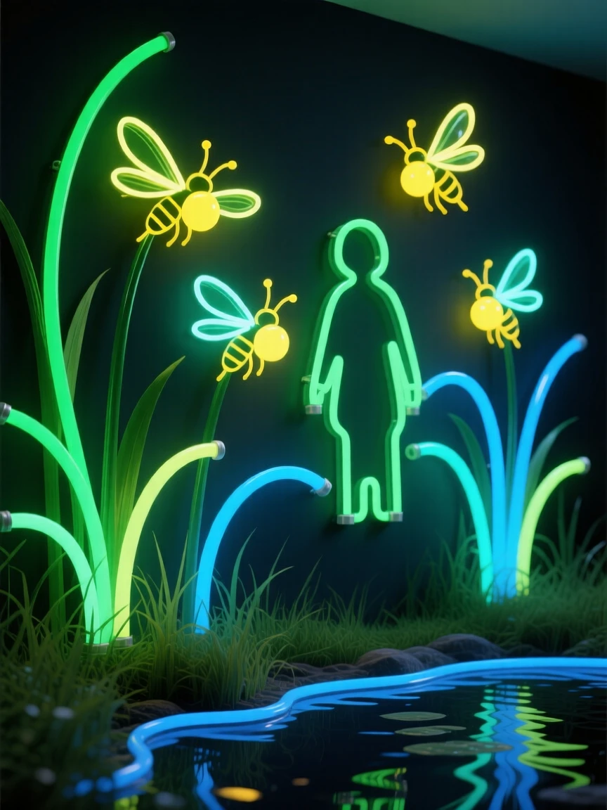 A family group of firefly hovering above tall grasss gathered near a watering hole.