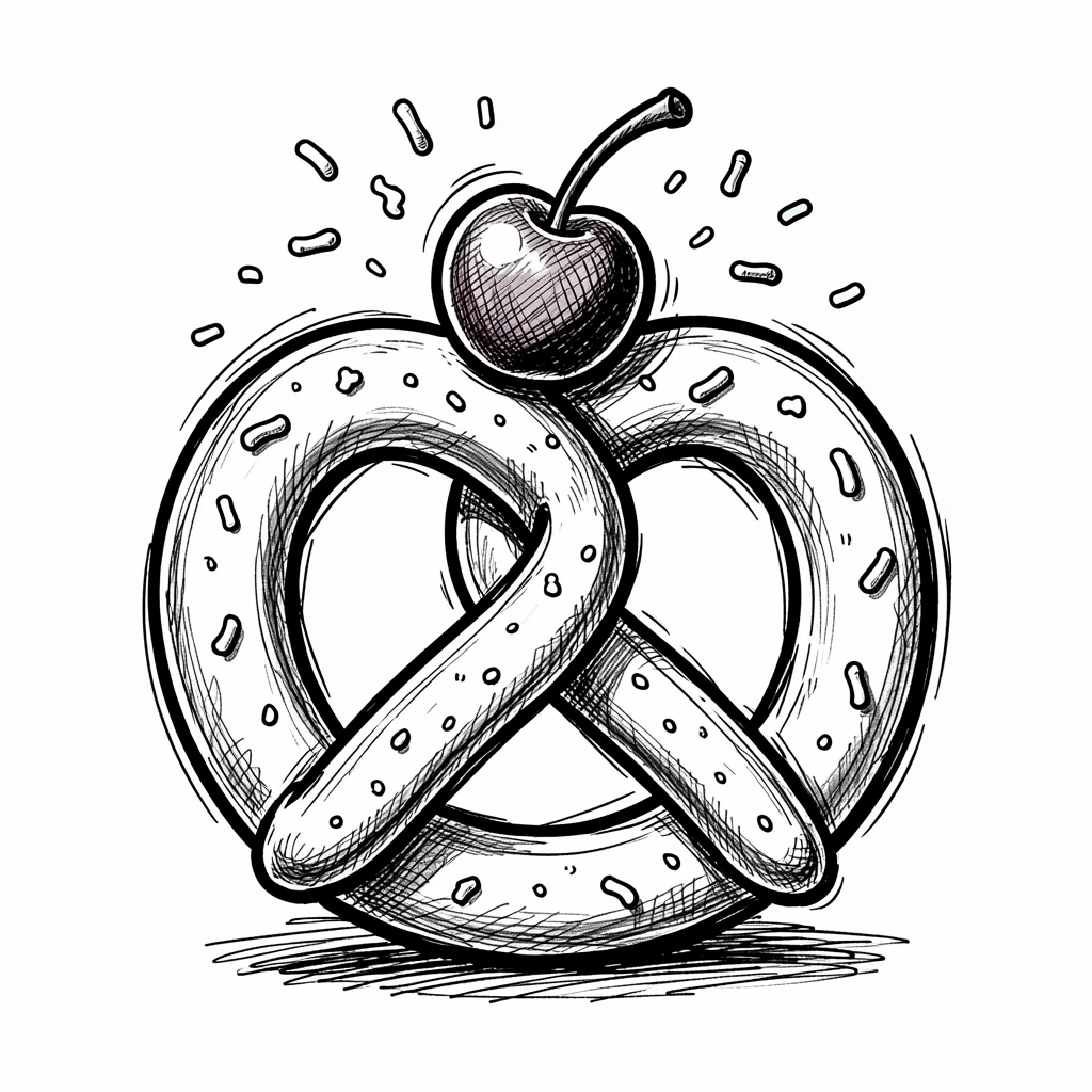 A giant pretzel topped with a cherry and sprinkles.