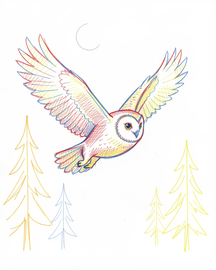 A majestic owl in silent flight through a moonlit pine forest