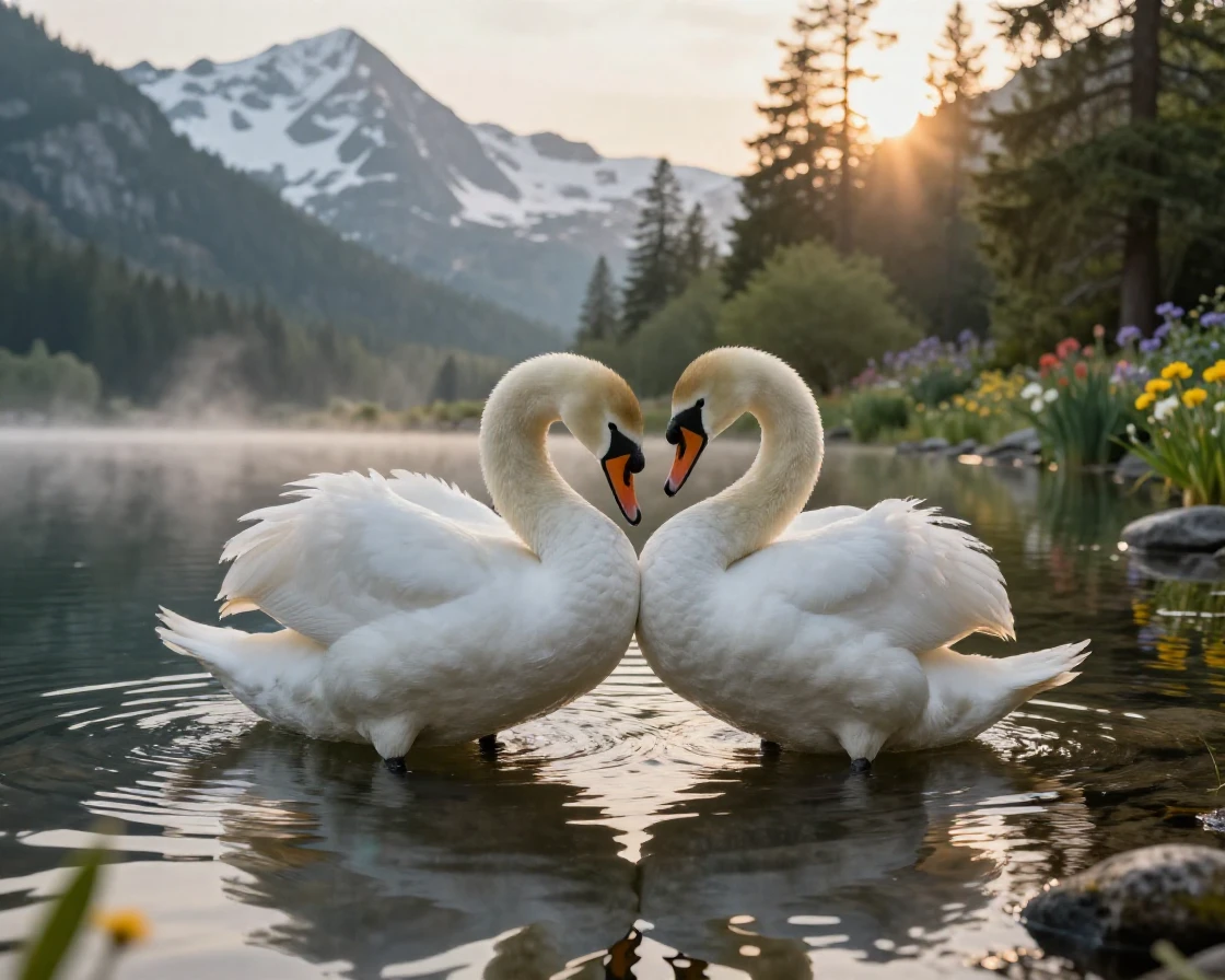 A pair of swans grooming one another with great care beside a tranquil alpine lake