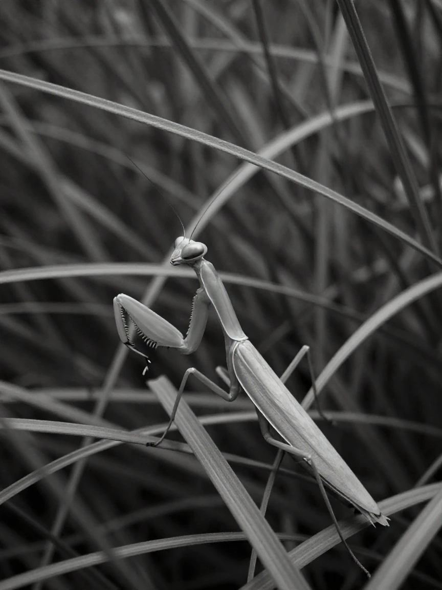A praying mantis waits motionless for its prey beneath a canopy of tall grass.