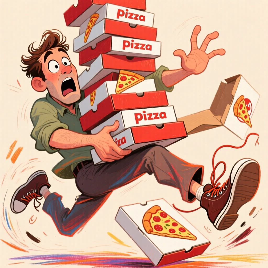 A man tripping over his own shoelaces while carrying a tower of pizza boxes.