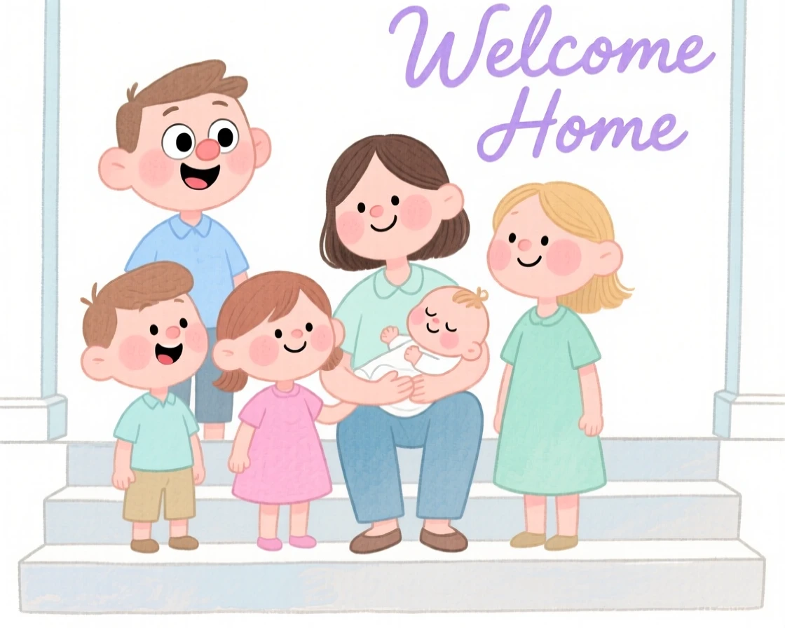 A family with a new baby gathered for a family portrait on the porch steps