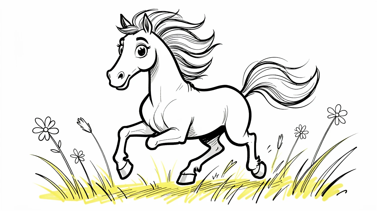 [Cute Animals & Pets] Adorable scene of a majestic horse galloping freely through a sunny meadow, bursting with charm and playful energy