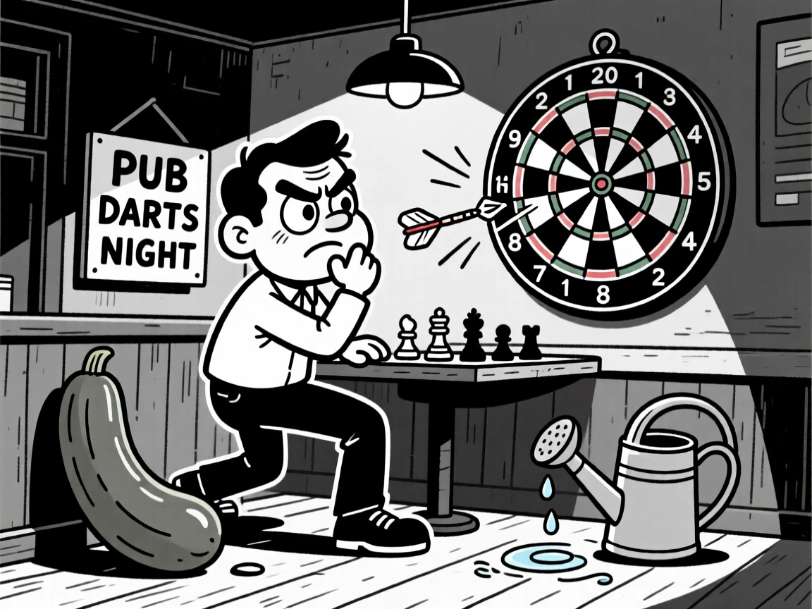A chess player deep in dramatic thought, swinging wildly and missing the ball entirely, set at a dimly lit pub dartboard. A watering can drips beside oversized zucchini. The image is a playful ode to hobbies people truly love.