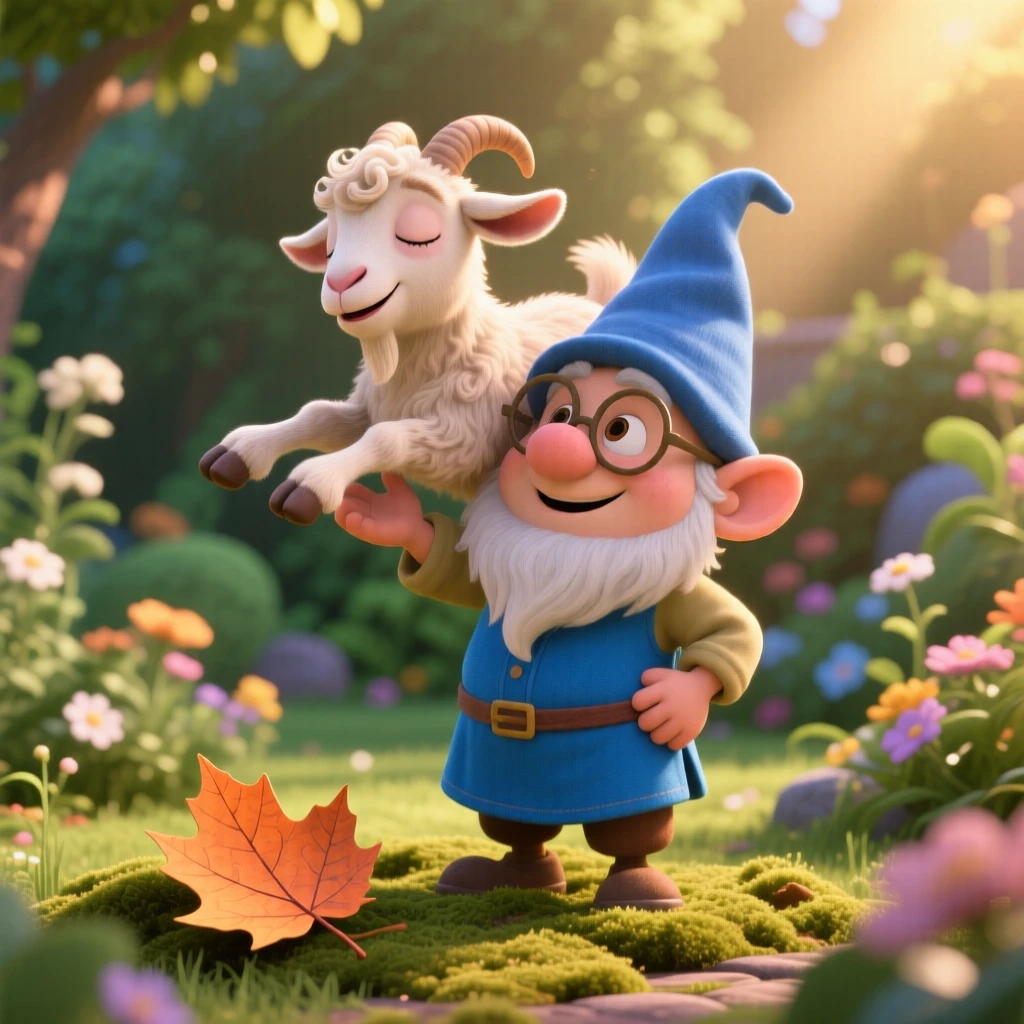 A small pygmy goat is perched on a garden gnome's shoulder, stretching after a long nap. The scene feels warm and heartwarming, with a single fallen leaf beside it.
