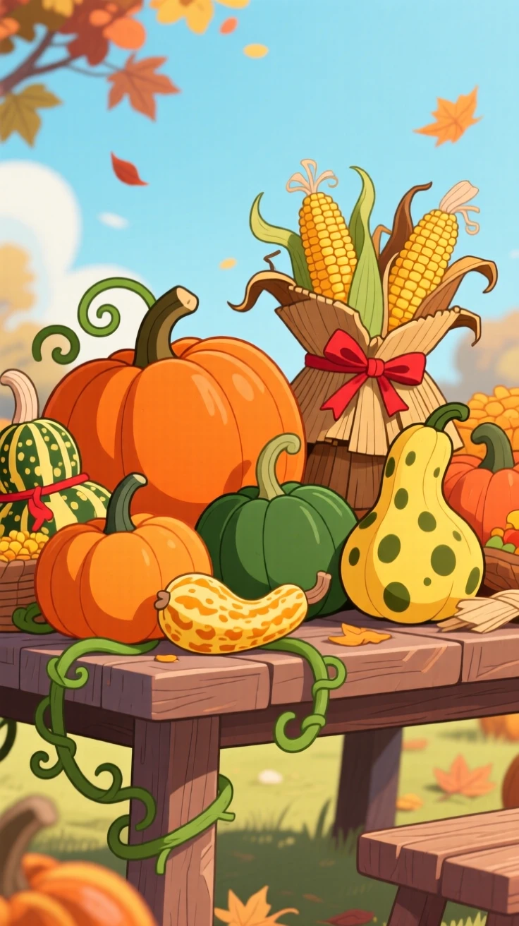 A harvest table piled with pumpkins, gourds, and corn husks.