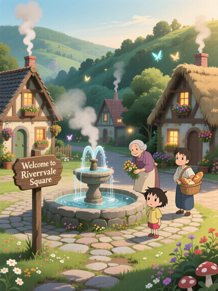 A small village square with a bubbling fountain, with smoke curling gently from chimney tops, in the soft morning light.